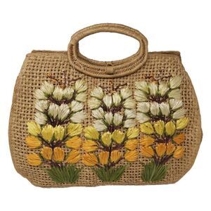 Large Vintage Floral Weaved Straw Basket Purse | Hand-Embroidered Tulips | Bohem